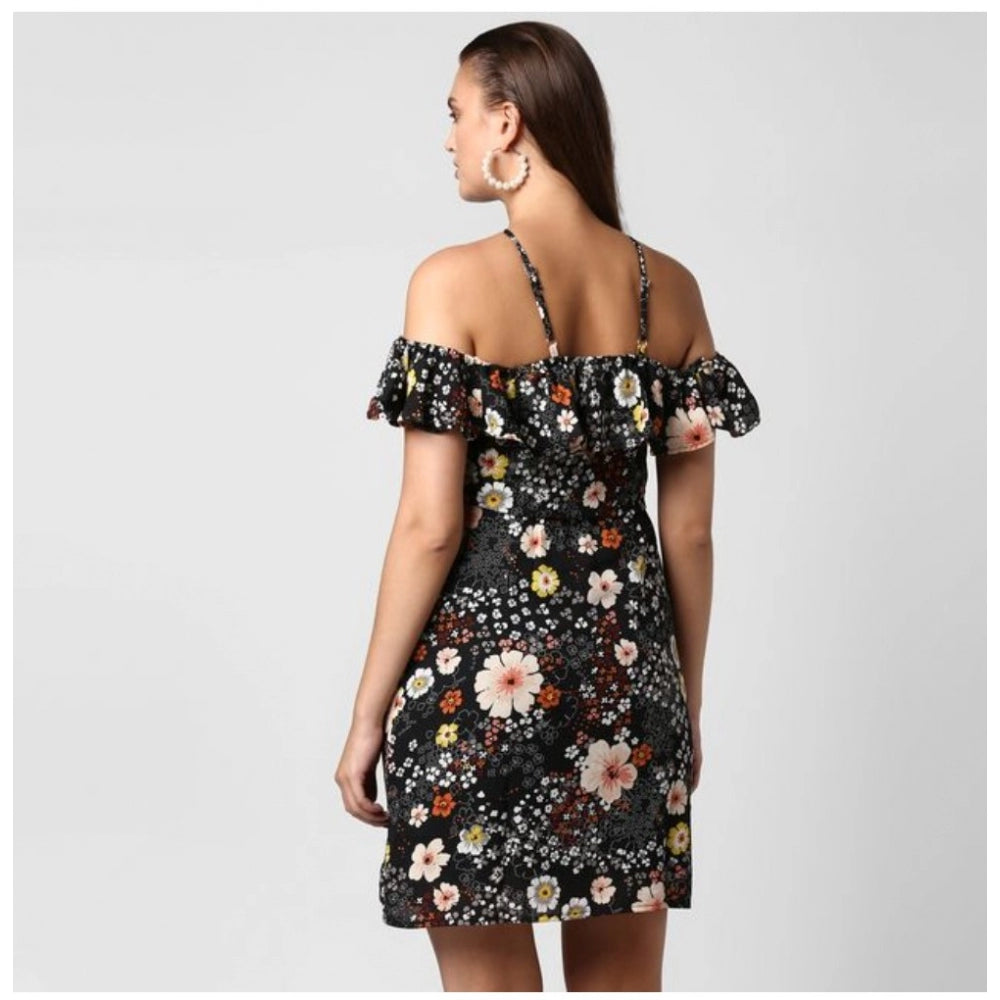 HD Women's Polyester Floral Cold Shoulder Above Knee Dress (Black)