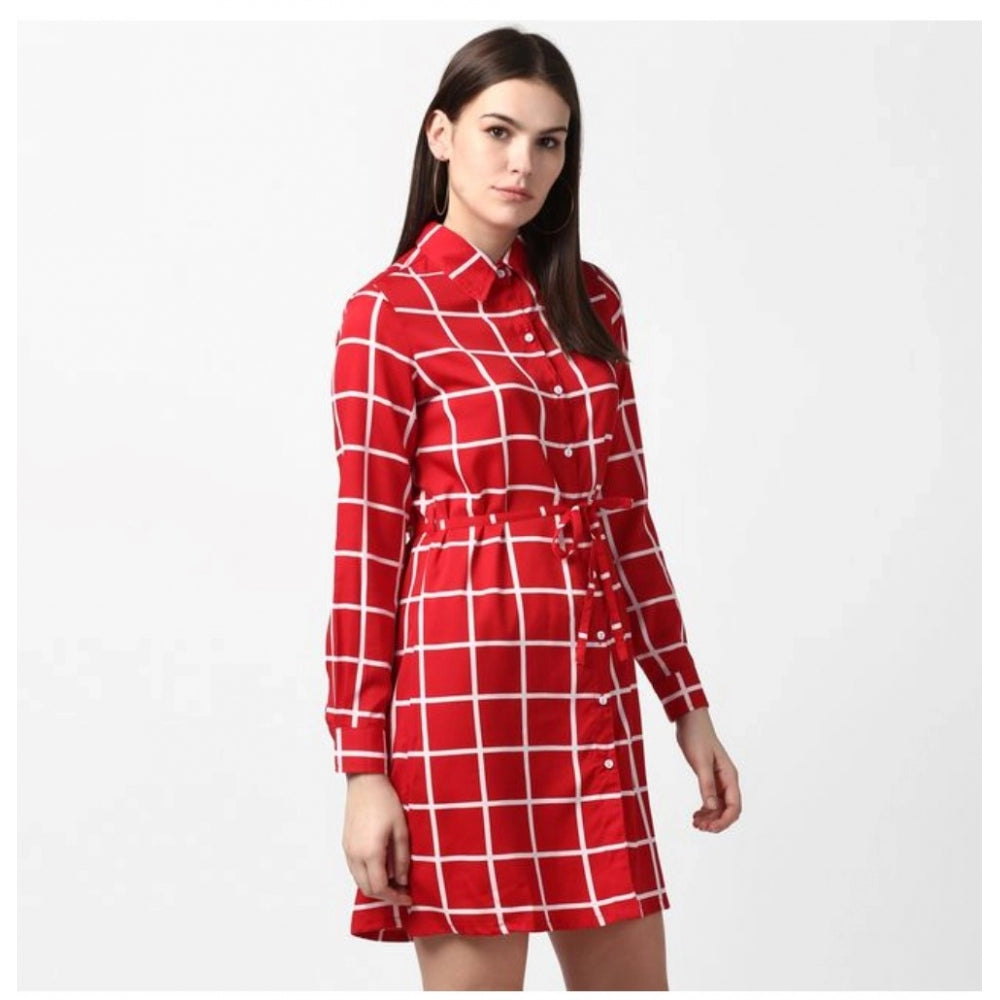 HD Women's Polyester Checkered Long Sleeves Above Knee Dress (Red)