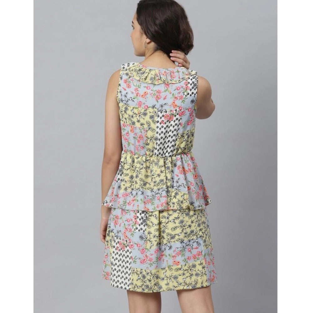 HD Women's Polyester Peplum Sleeveless Above Knee Dress (Multicolor)