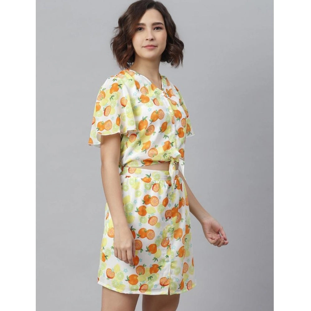 HD Women's Polyester Printed Flutter Above Knee Dress (Orange - Yellow)