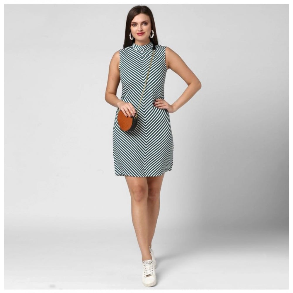 HD Women's Polyester Striped Sleeveless Above Knee Dress (Green)