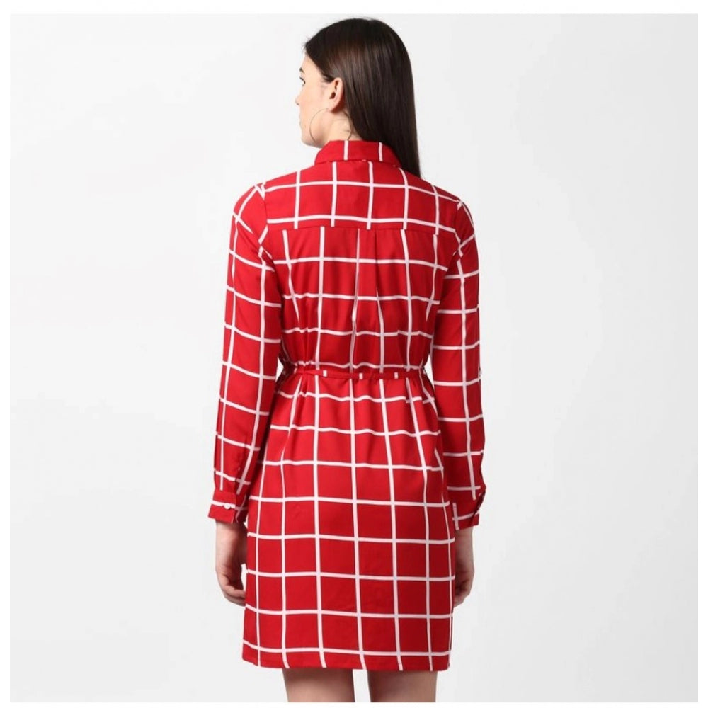 HD Women's Polyester Checkered Long Sleeves Above Knee Dress (Red)