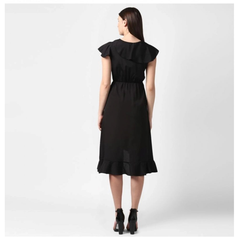 HD Women's Polyester Ruffled Cap Sleeve Knee-Length Dress (Black)