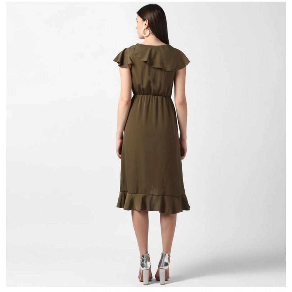 HD Women's Polyester Ruffled Cap Sleeve Knee-Length Dress (Olive)