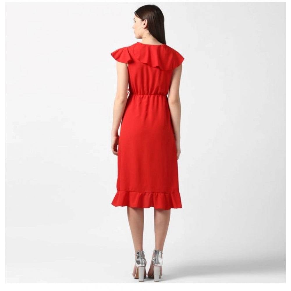 HD Women's Polyester Ruffled Cap Sleeve Knee-Length Dress (Red)