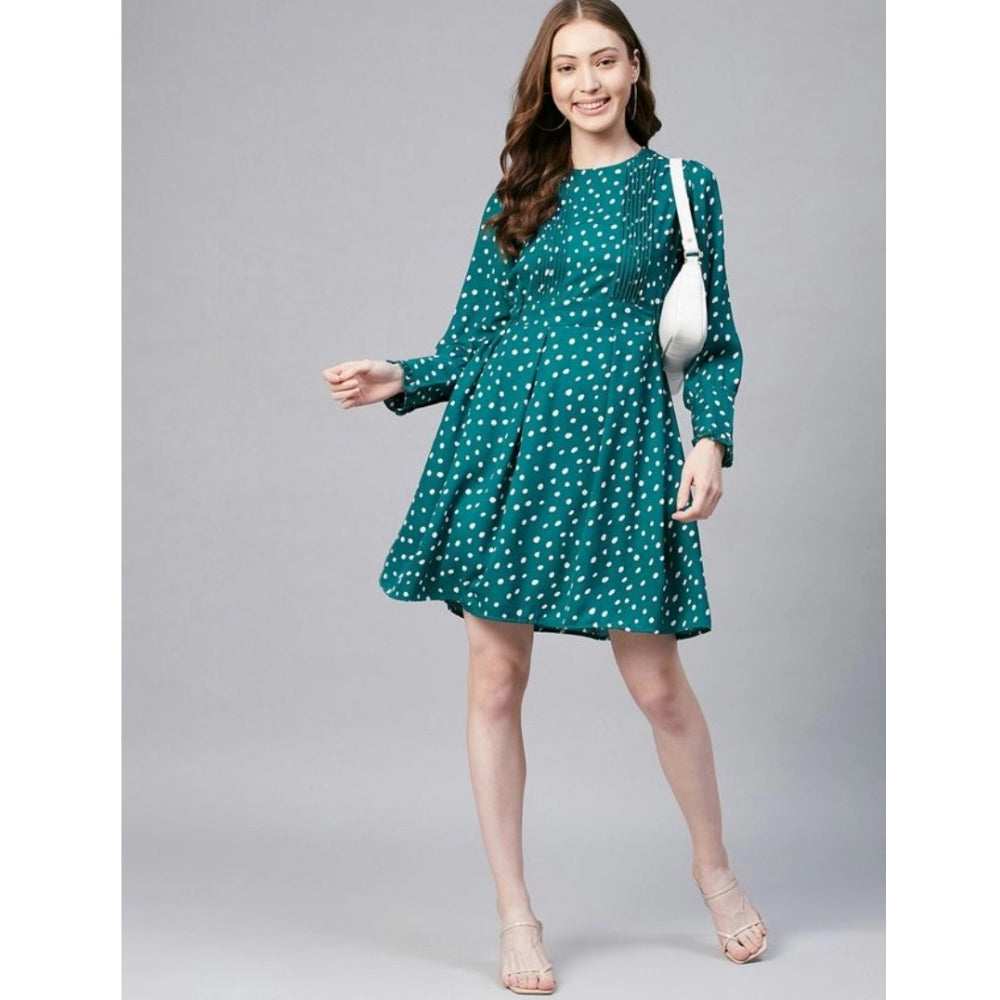 HD Women's Polyester Polka Long Sleeves Above Knee Dress (Green - White)