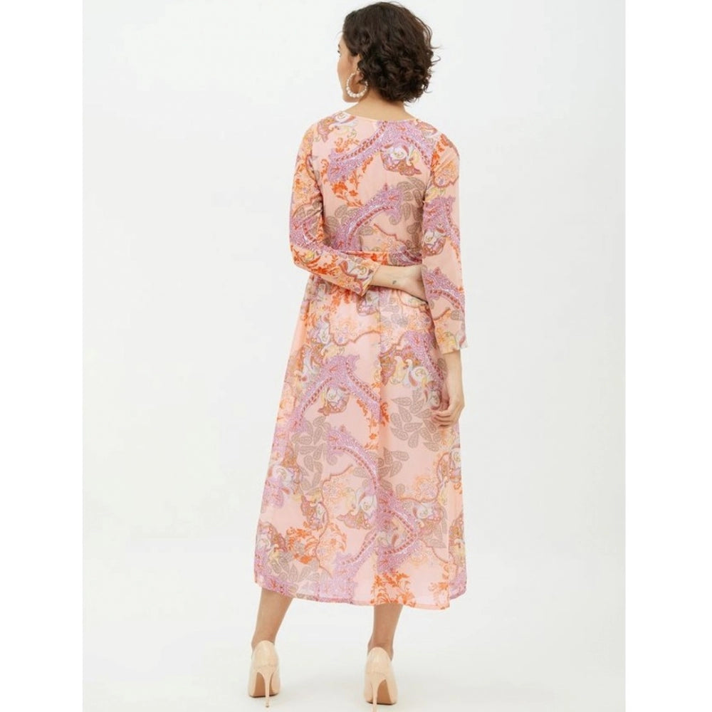 HD Women's Polyester Printed Long Sleeves Calf-length Dress (Multicolor)