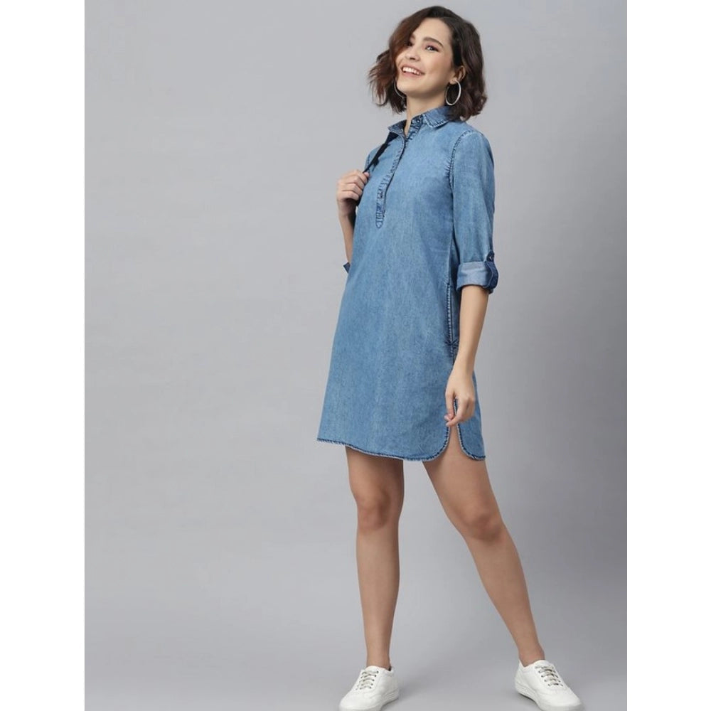 HD Women's Denim Solid Long Sleeves Above Knee Dress (Ice Blue)