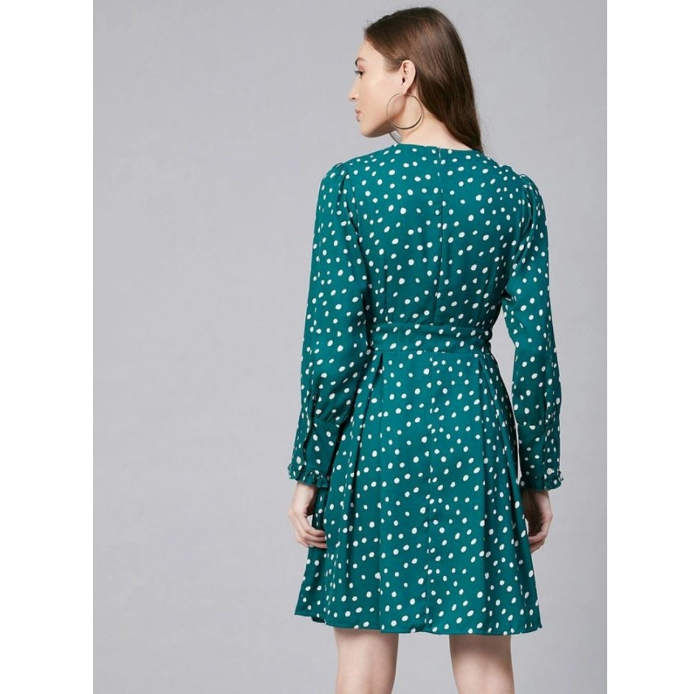 HD Women's Polyester Polka Long Sleeves Above Knee Dress (Green - White)