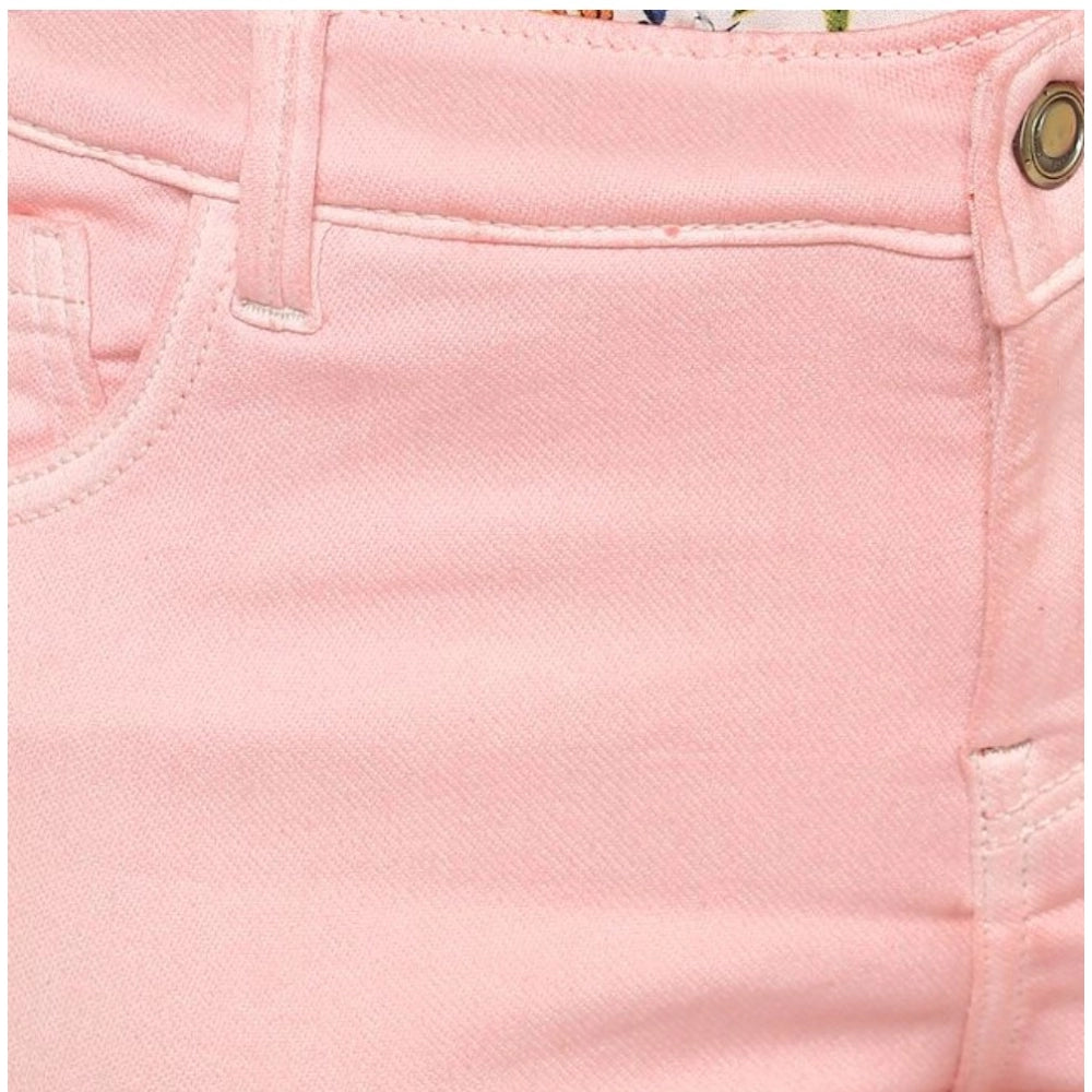 HD Women's Denim Solid Buttoned Jeans (Pink)