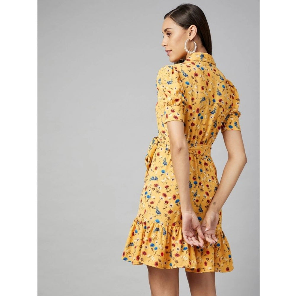 HD Women's Polyester Floral Short Sleeve Above Knee Dress (Yellow)