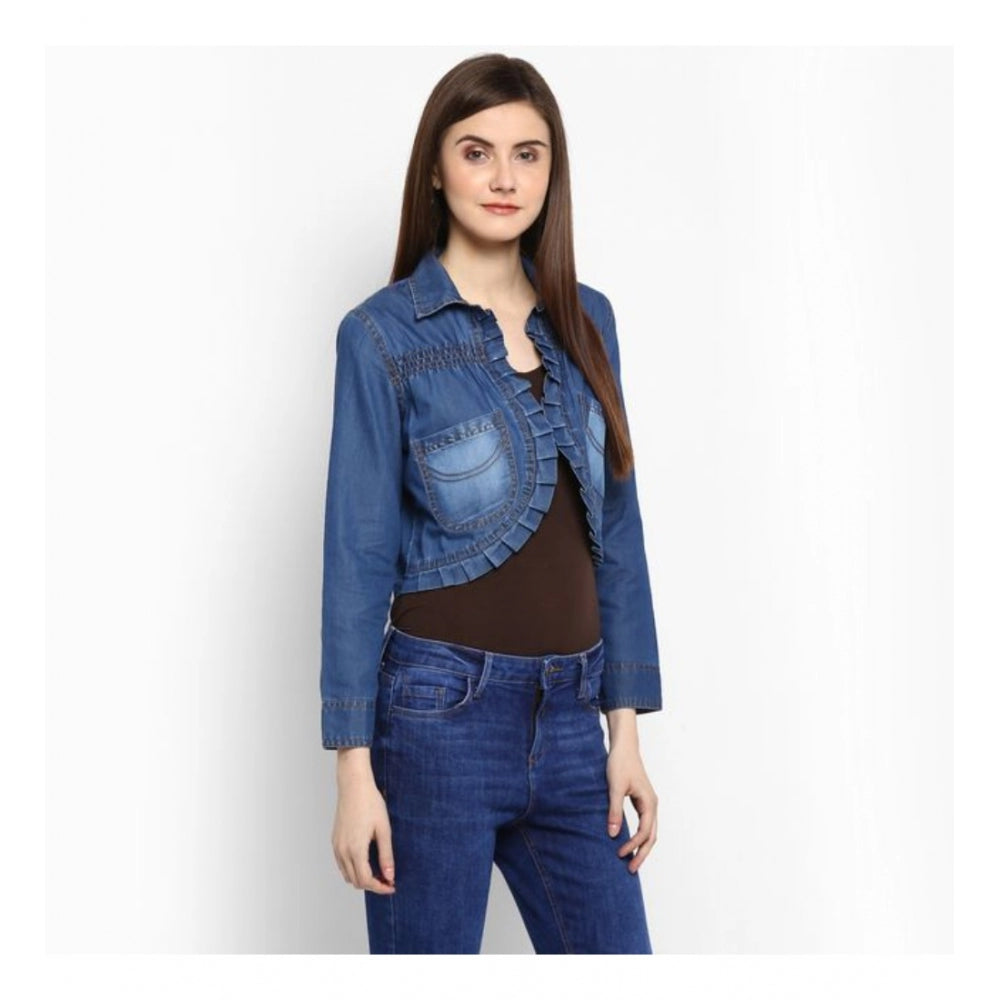 HD Women's Denim Pleated 3-4th Sleeves Shrug (Blue)