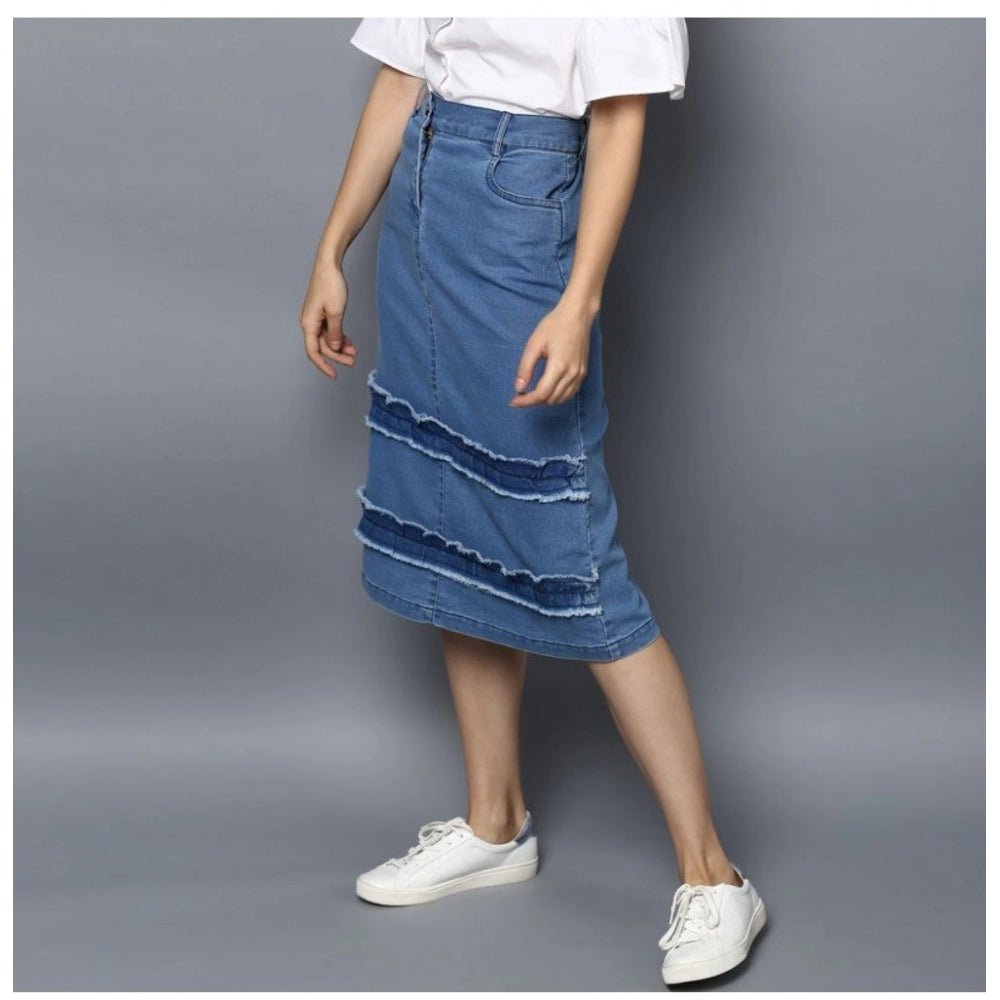 HD Women's Denim Washed Buttoned Skirt (Blue)
