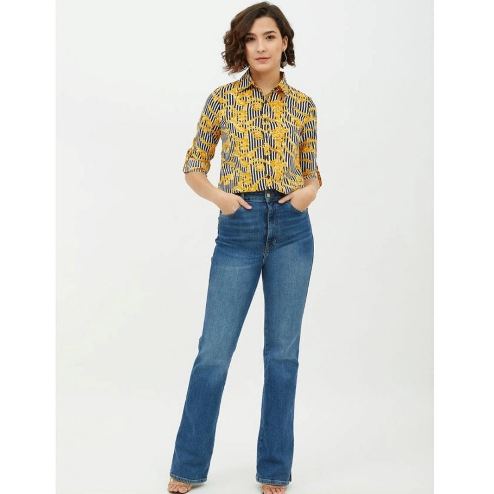 HD Women's Polyester Printed Roll Up Sleeve Standard Length Shirt (Mustared)