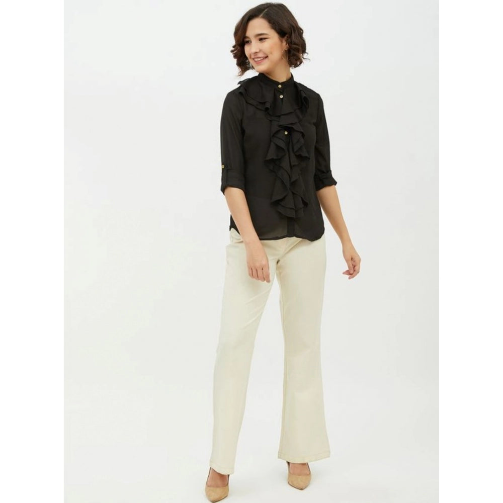 HD Women's Polyester Ruffled Long Sleeves Standard Length Shirt (Black)