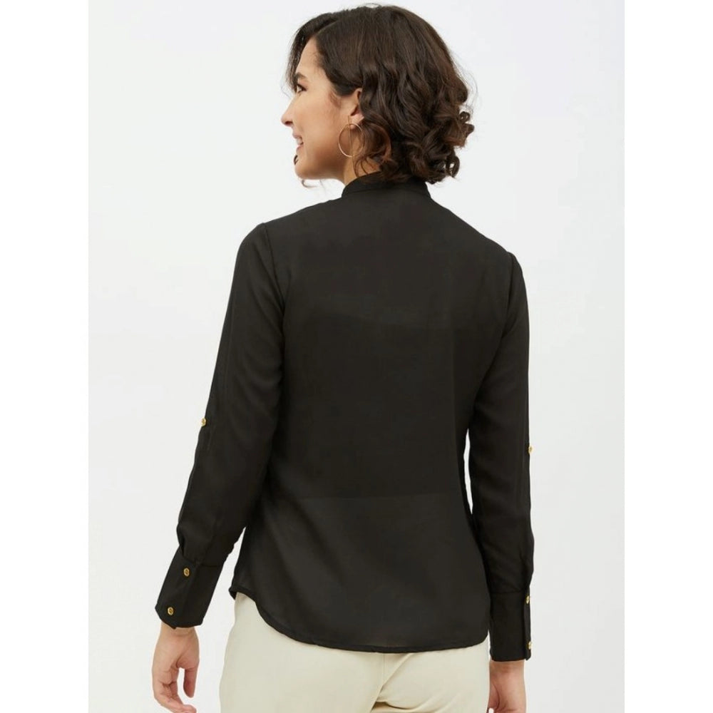HD Women's Polyester Ruffled Long Sleeves Standard Length Shirt (Black)