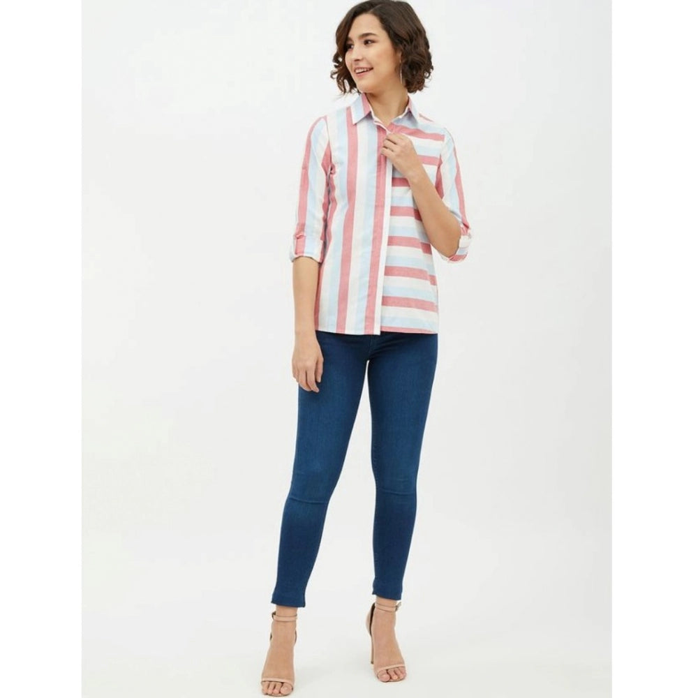 HD Women's Cotton Striped Long Sleeves Standard Length Shirt (Pink)