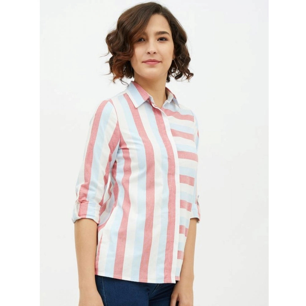 HD Women's Cotton Striped Long Sleeves Standard Length Shirt (Pink)