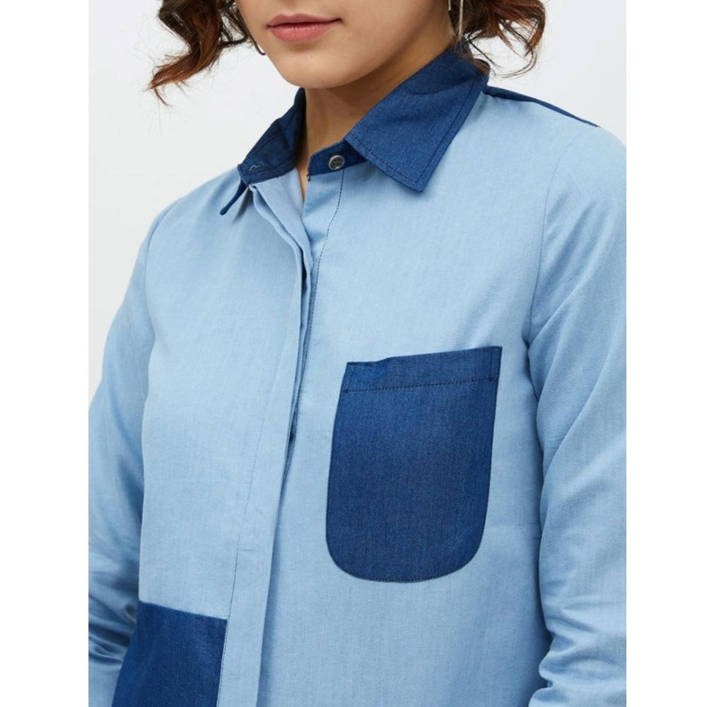 HD Women's Denim Patch Work Long Sleeves Standard Length Shirt (Blue)