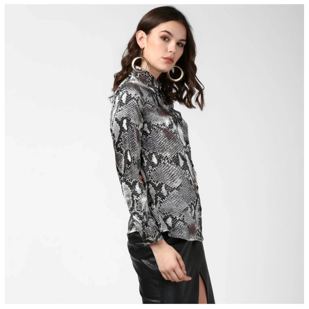 HD Women's Satin Animal Print Long Sleeves Standard Length Shirt (Black - Grey)