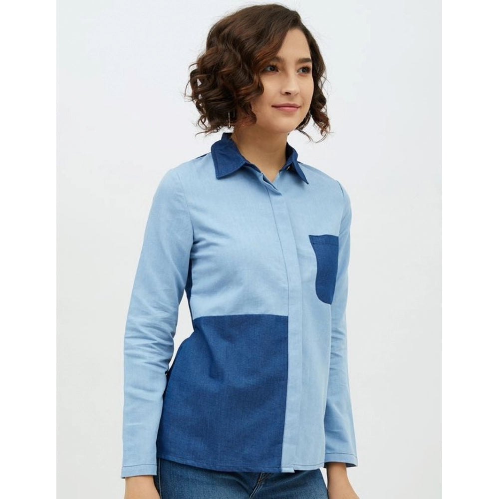 HD Women's Denim Patch Work Long Sleeves Standard Length Shirt (Blue)