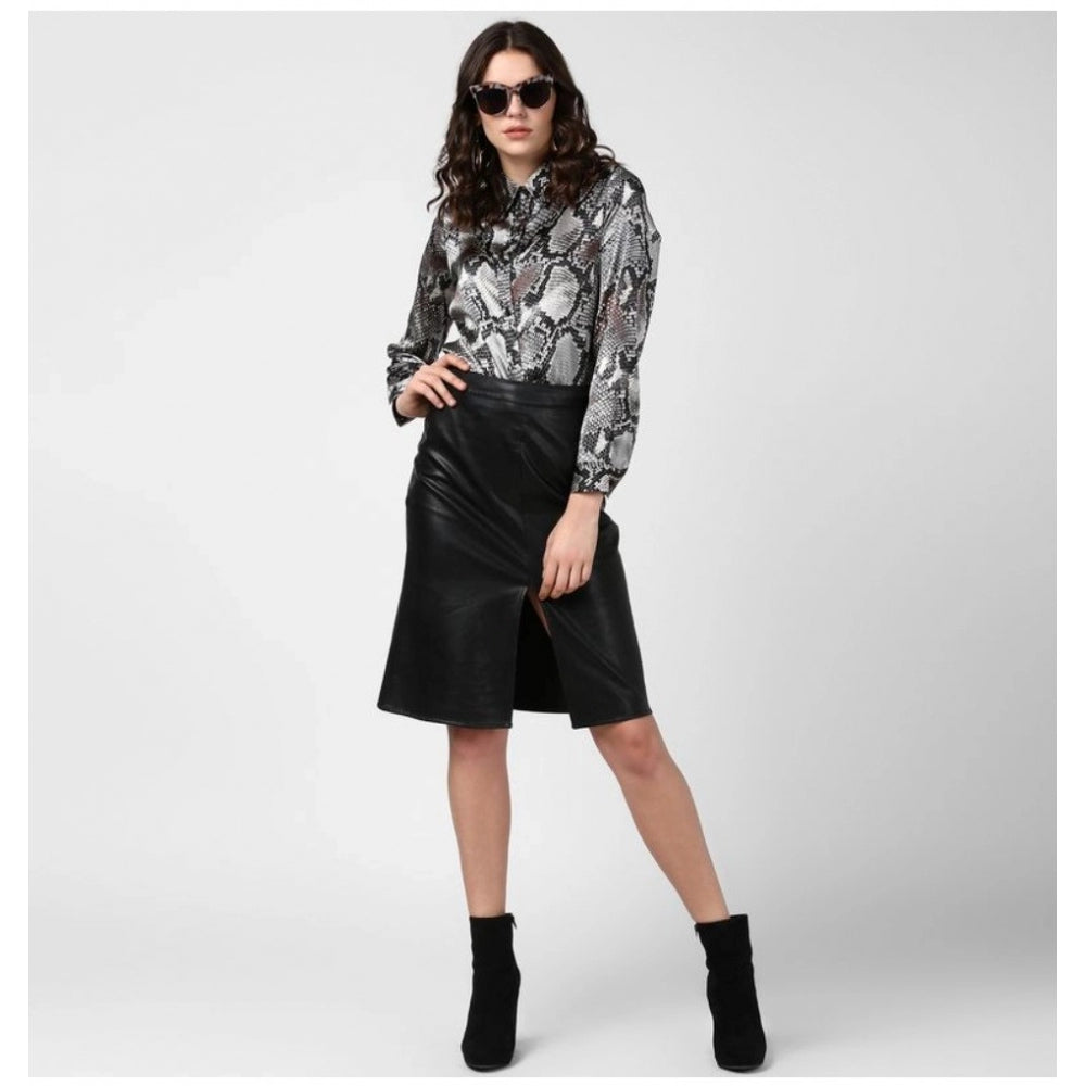 HD Women's Satin Animal Print Long Sleeves Standard Length Shirt (Black - Grey)