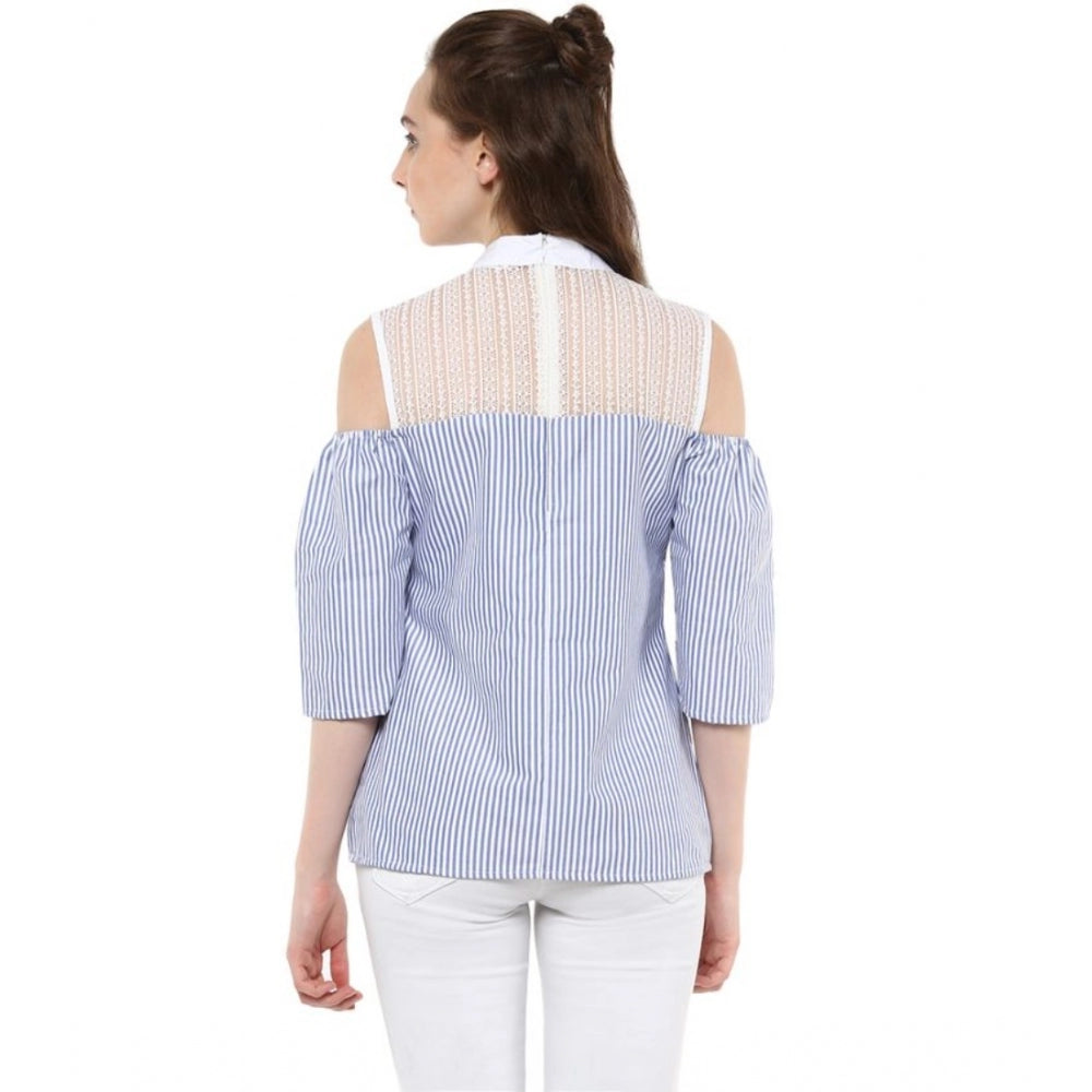 HD Women's Cotton Striped Cold Shoulder Top (Blue)