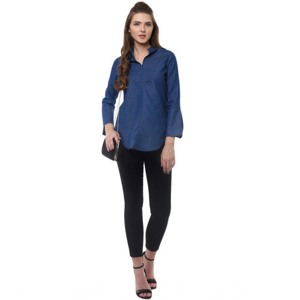 HD Women's Denim Solid Bell Sleeve Regular Top (Blue Denim)