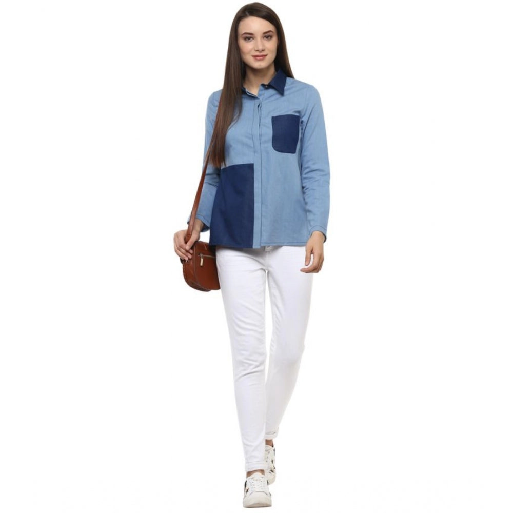 HD Women's Denim Patch Work Long Sleeves Regular Top (Blue)