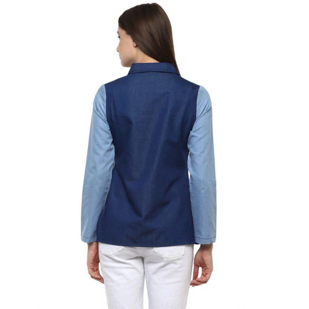 HD Women's Denim Patch Work Long Sleeves Regular Top (Blue)