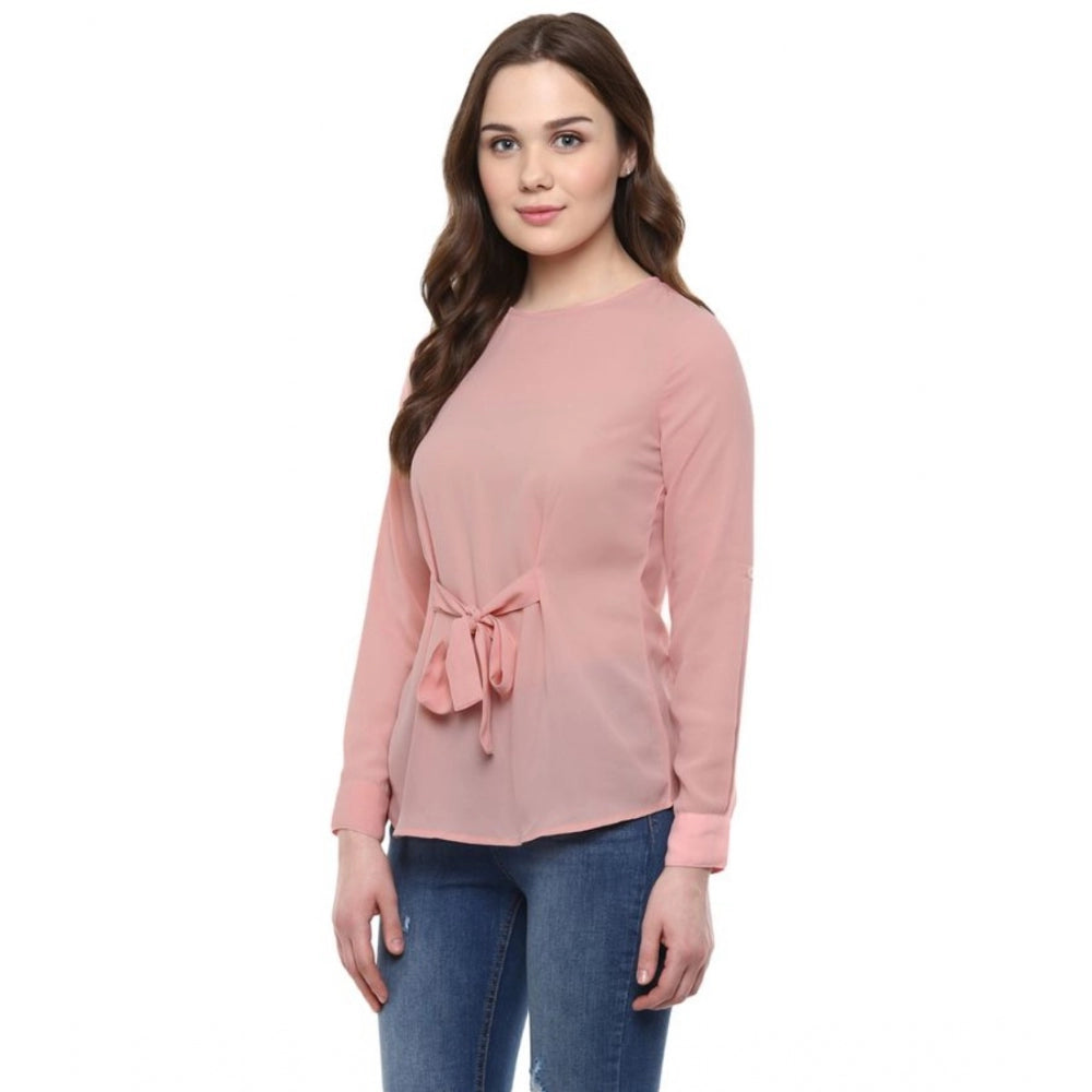 HD Women's Polyester Solid Long Sleeves Regular Top (Pink)
