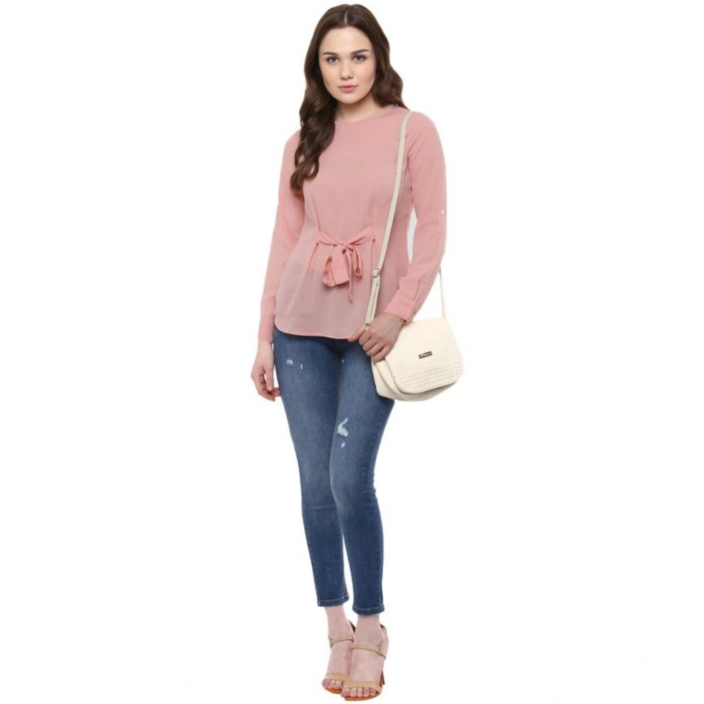 HD Women's Polyester Solid Long Sleeves Regular Top (Pink)