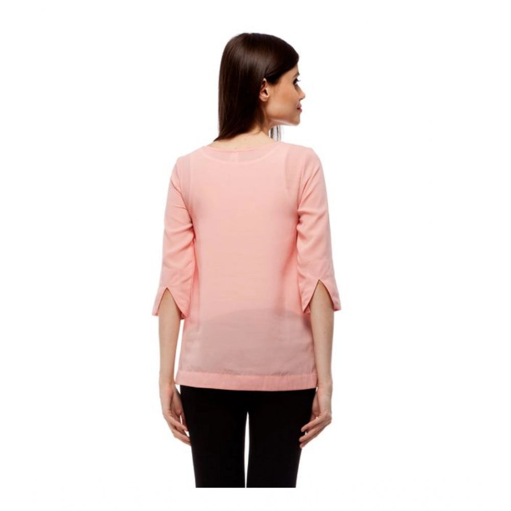 HD Women's Polyester Solid 3-4th Sleeves Regular Top (Peach)