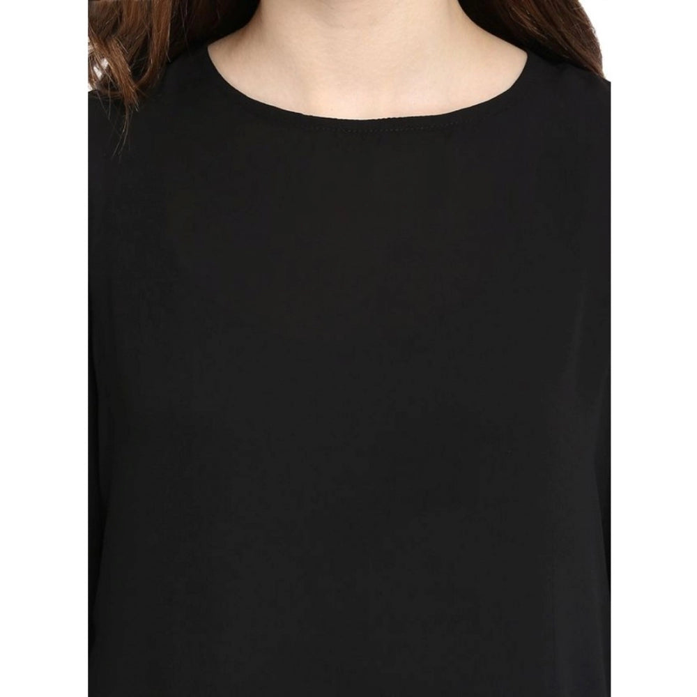HD Women's Polyester Georgette Self Design Bell Sleeve Regular Top (Black)