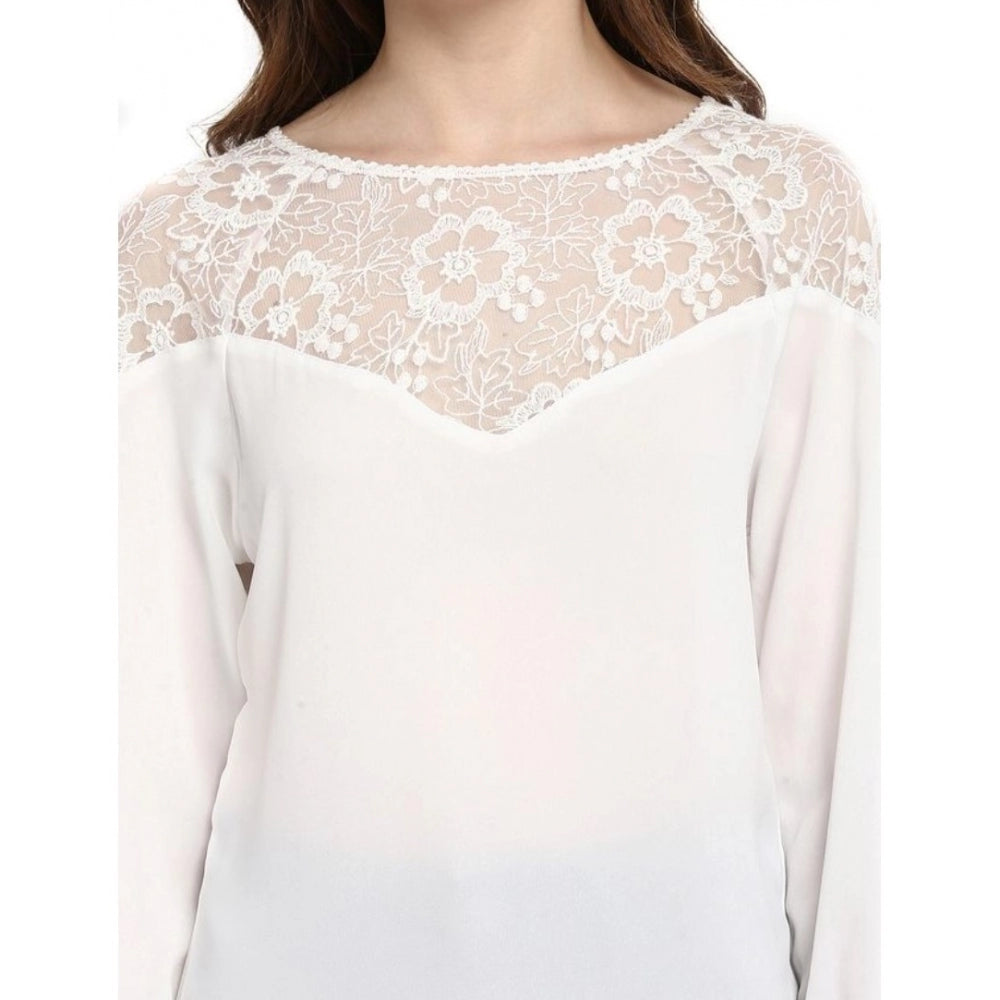 HD Women's Polyester Georgette Self Design 3-4th Sleeves Regular Top (White)