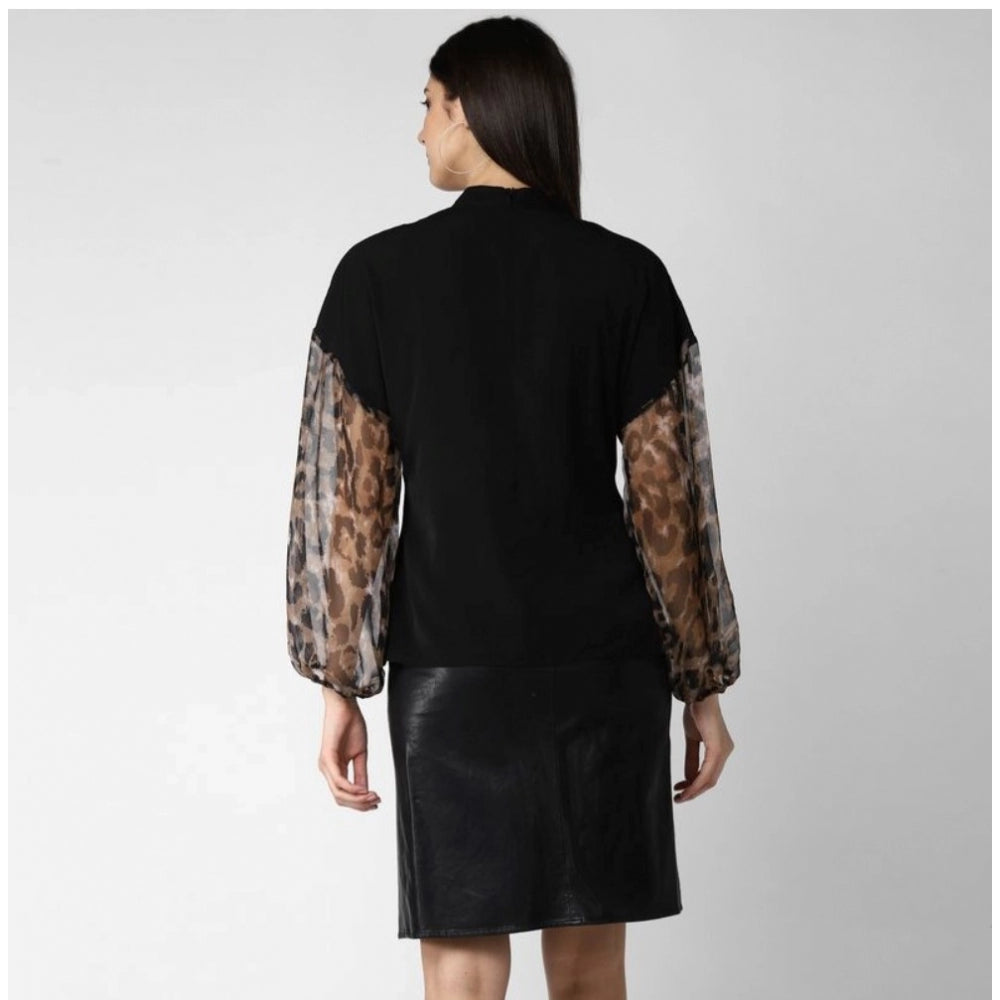 HD Women's Polyester Animal Print Long Sleeves Top (Black)