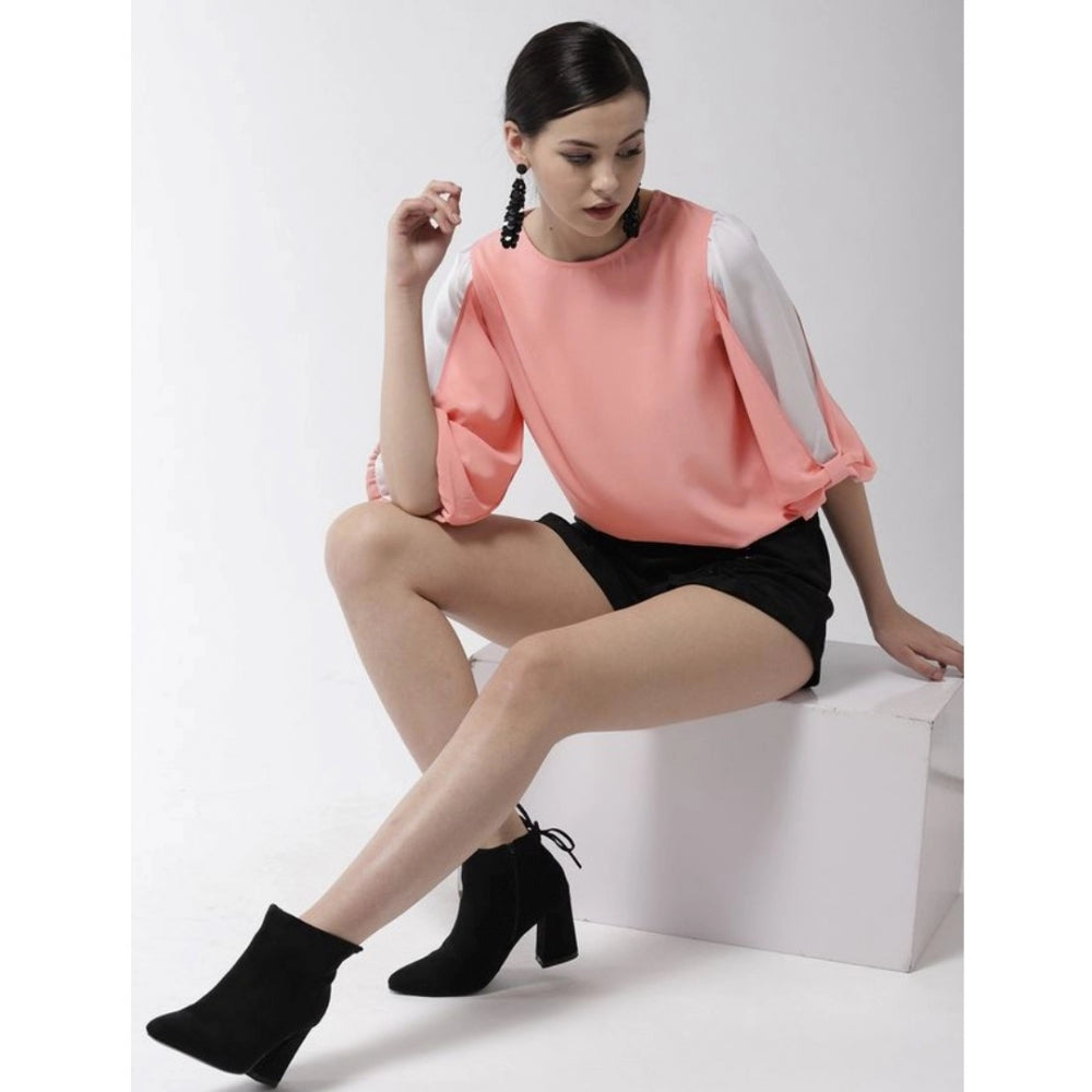 HD Women's Polyester Colour Block Slit Sleeve Top (Pink)