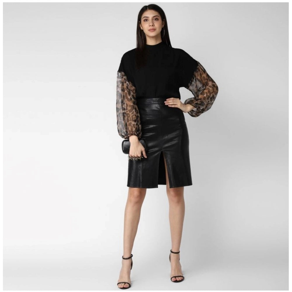 HD Women's Polyester Animal Print Long Sleeves Top (Black)