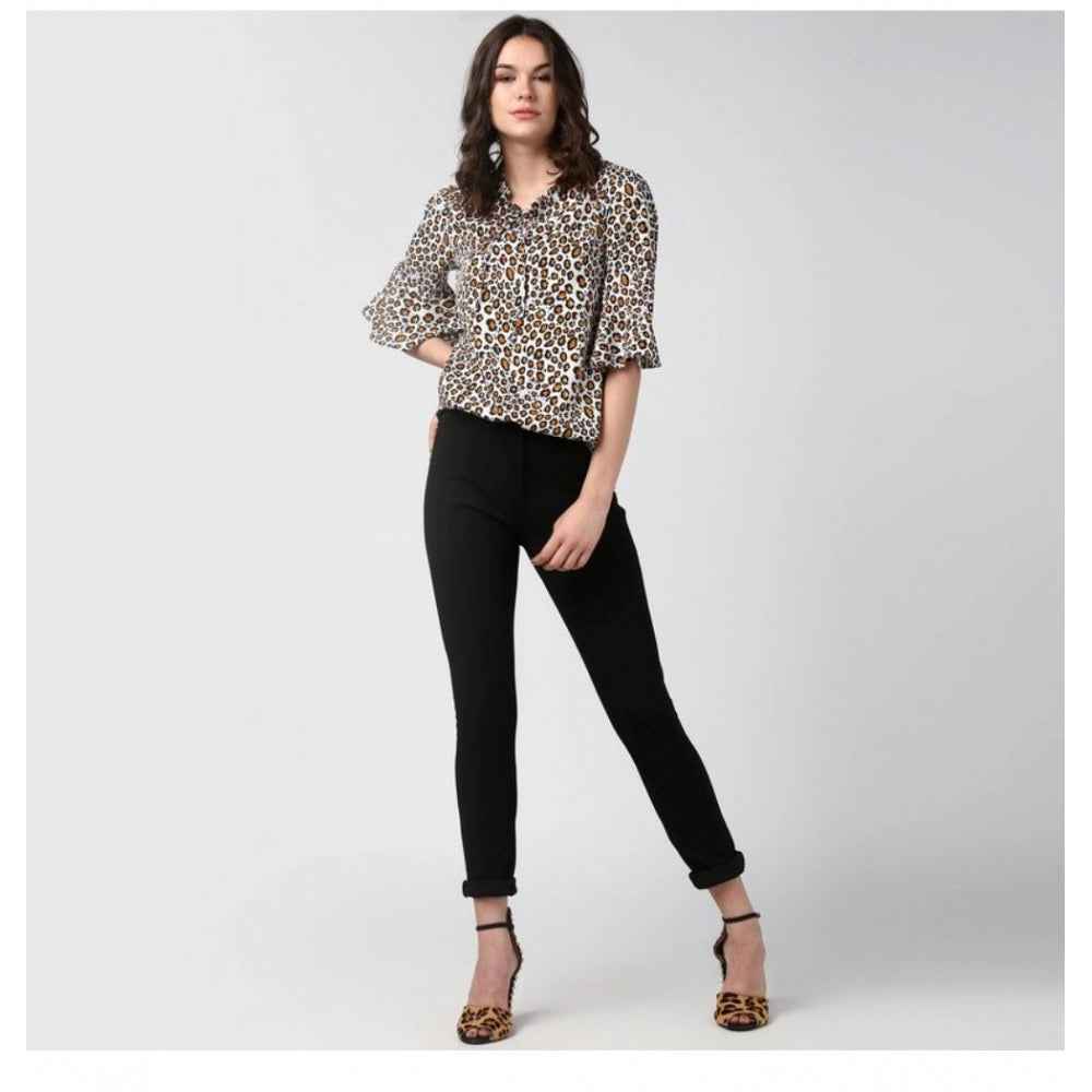 HD Women's Polyester Animal Print Bell Sleeve Top (Orange - Black)