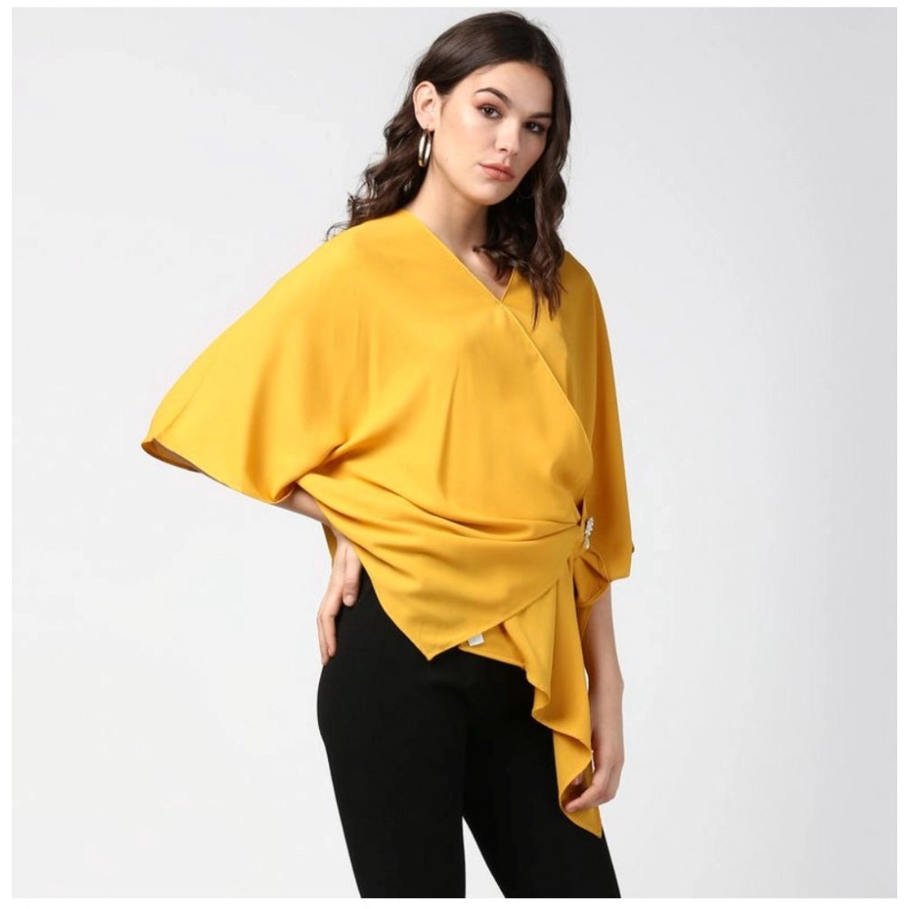 HD Women's Polyester Solid Cape Sleeve Top (Yellow)