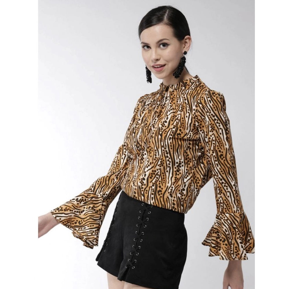 HD Women's Polyester Printed Bell Sleeve Top (Orange - Black)