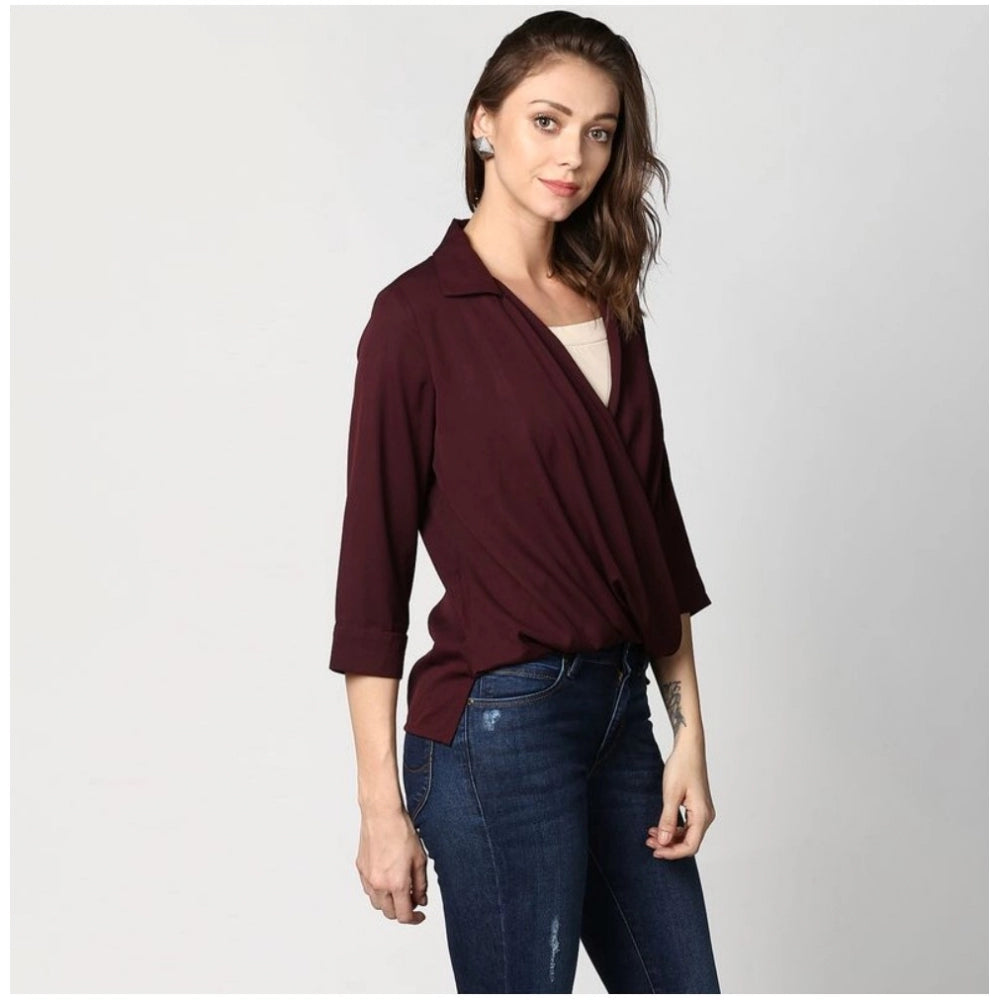 HD Women's Polyester Solid 3-4th Sleeves Top (Maroon)