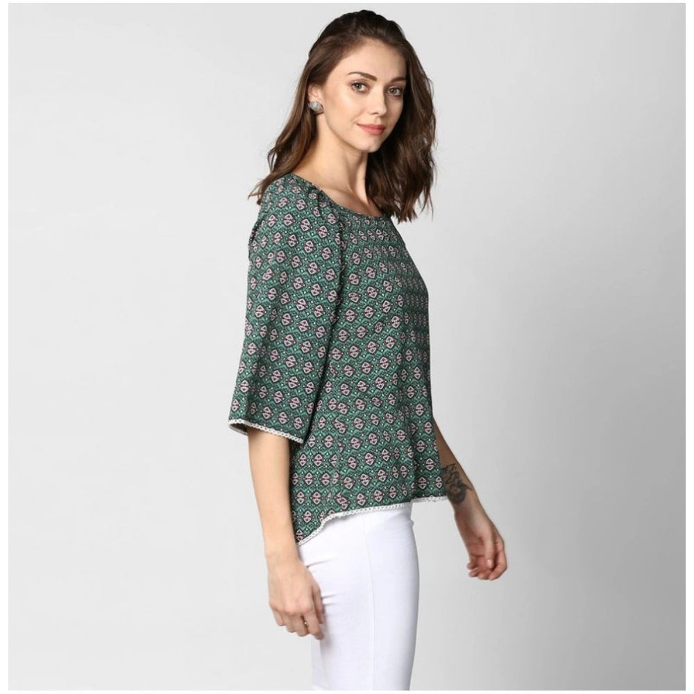 HD Women's Polyester Printed 3-4th Sleeves Top (Green)