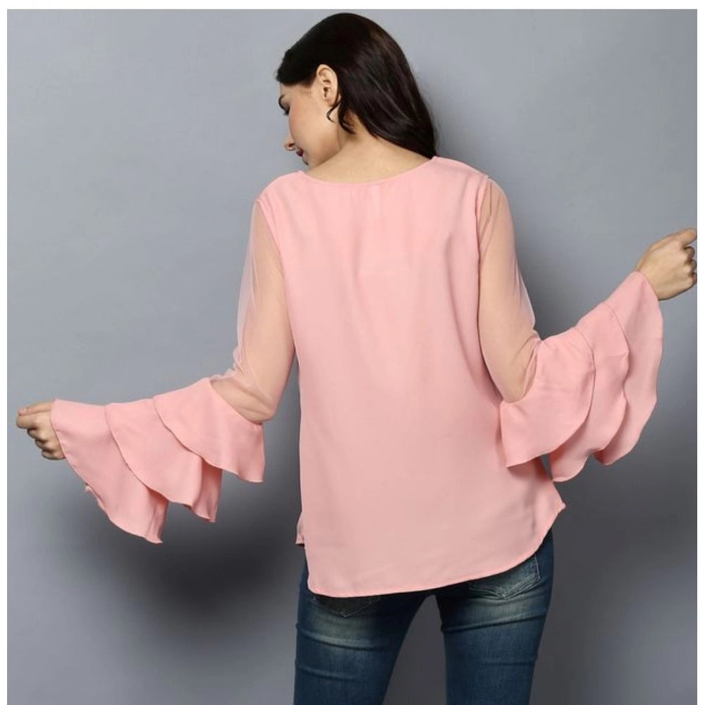 HD Women's Polyester Solid Tier Sleeve Top (Pink)