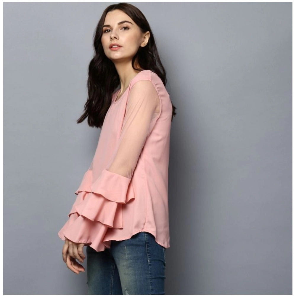 HD Women's Polyester Solid Tier Sleeve Top (Pink)