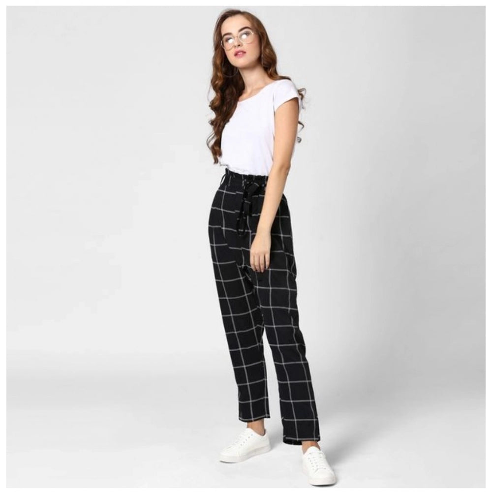 HD Women's Polyester Checkered Elasticated Trousers (Black - White)