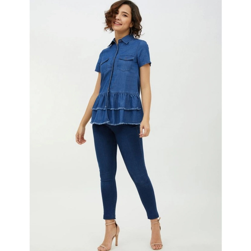 HD Women's Denim Peplum Short Sleeve Top (Blue)