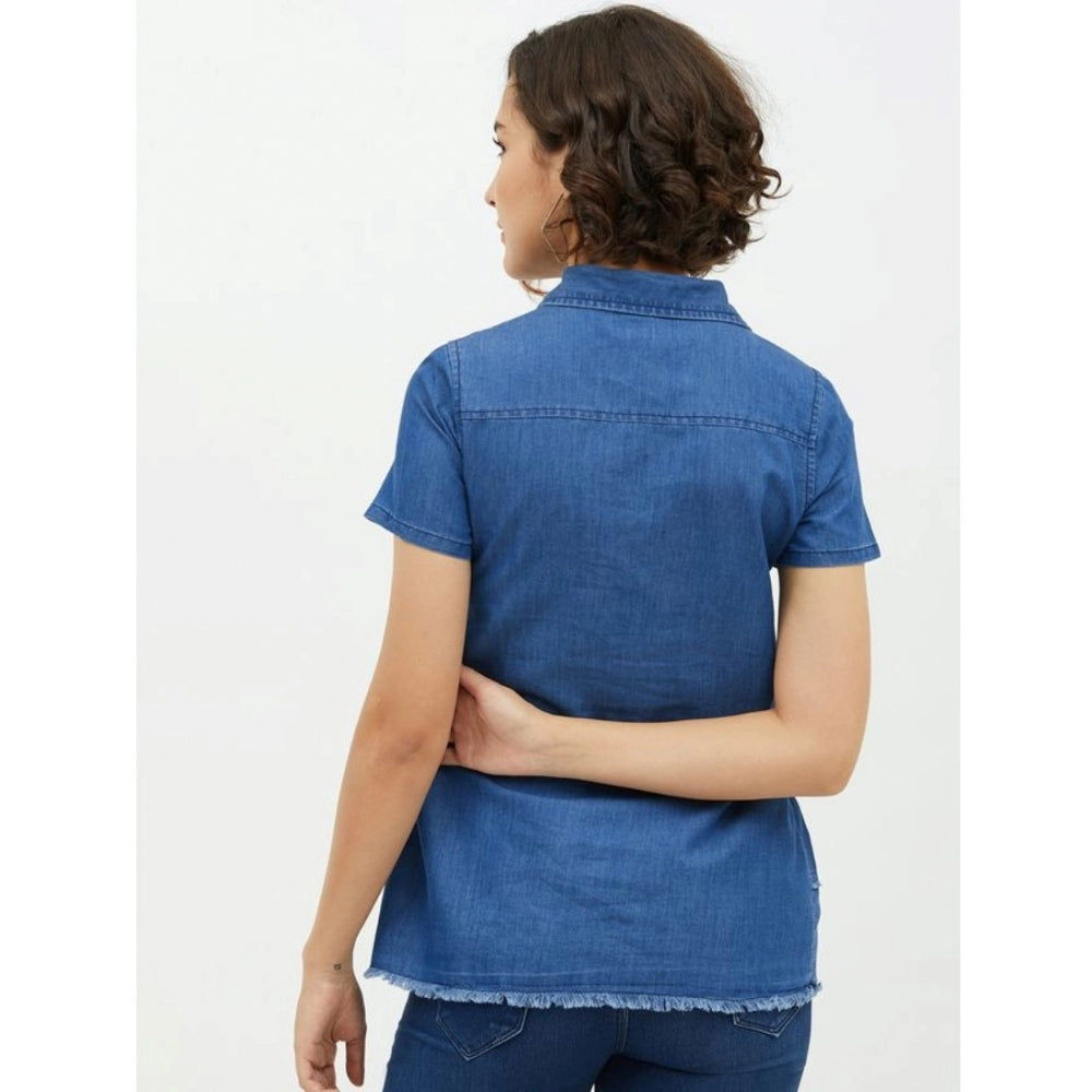 HD Women's Denim Peplum Short Sleeve Top (Blue)