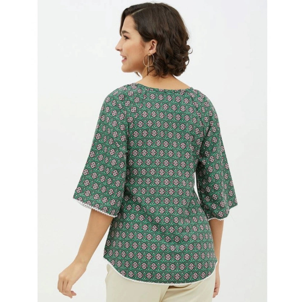 HD Women's Polyester Printed 3-4th Sleeves Top (Green)