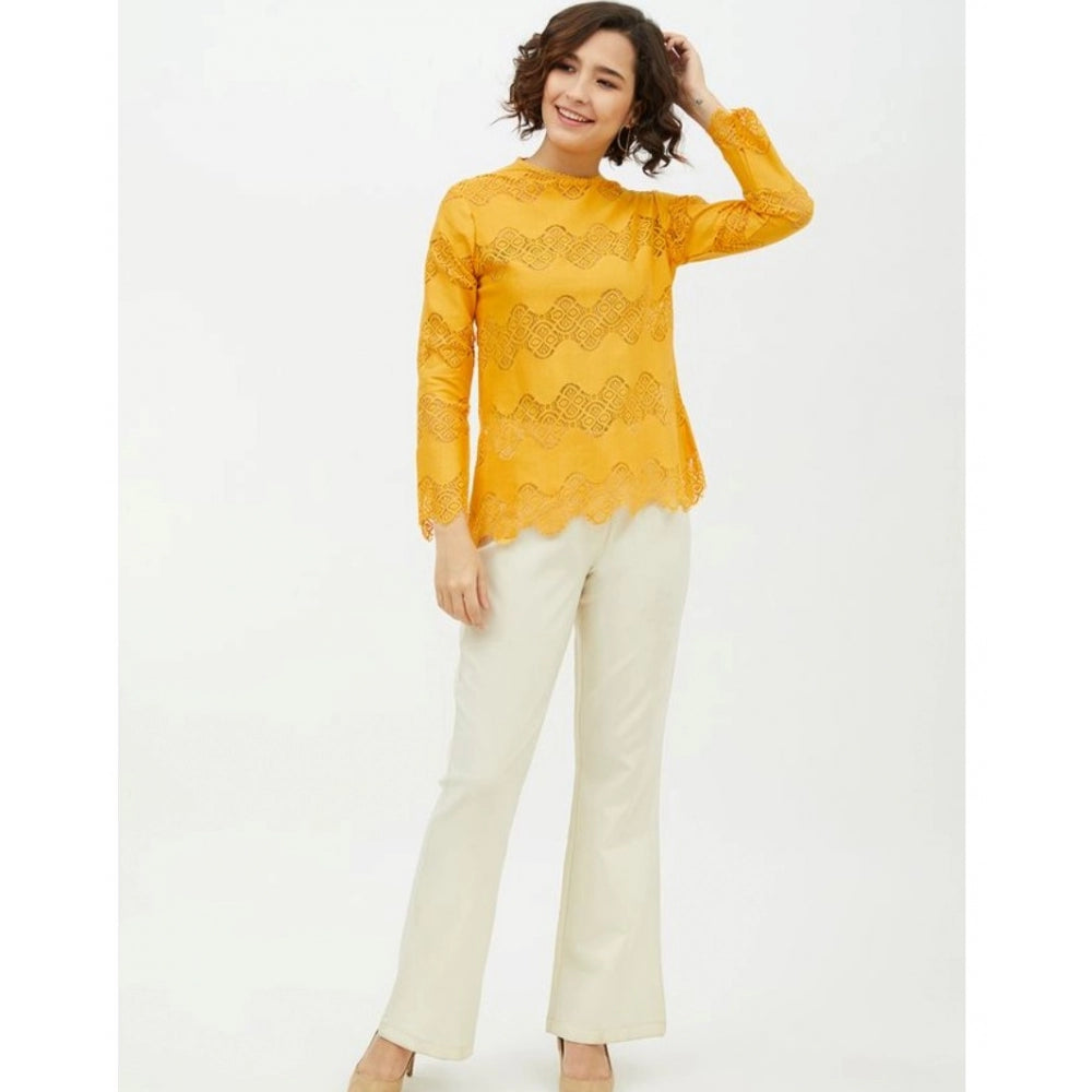 HD Women's Cotton Lace Inserts Long Sleeves Top (Yellow)